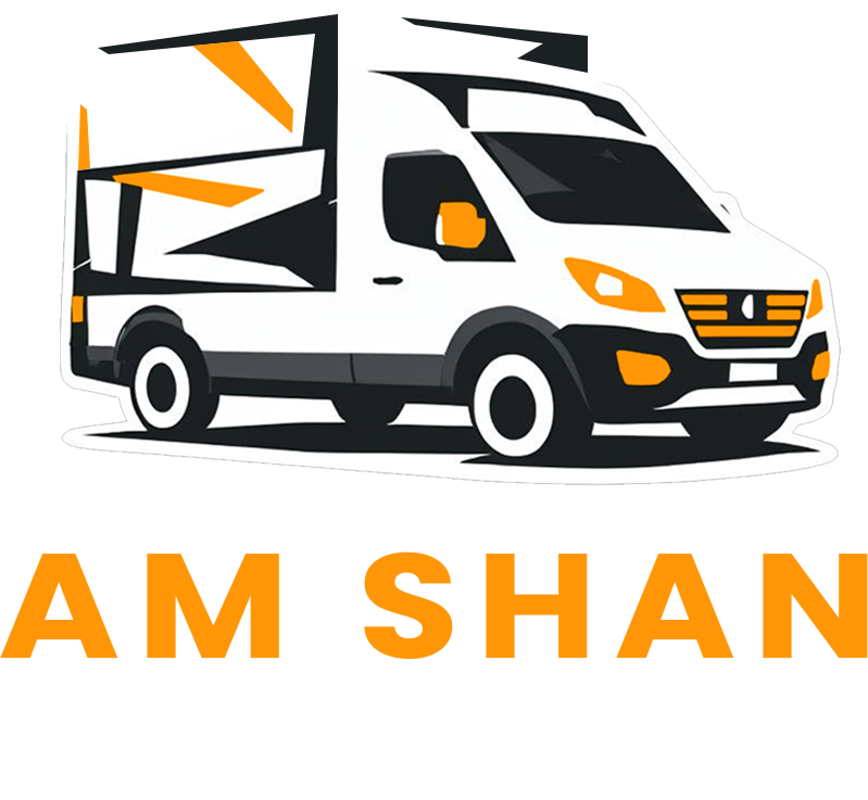 Am Shan Removals logo with wordmark under the van logo