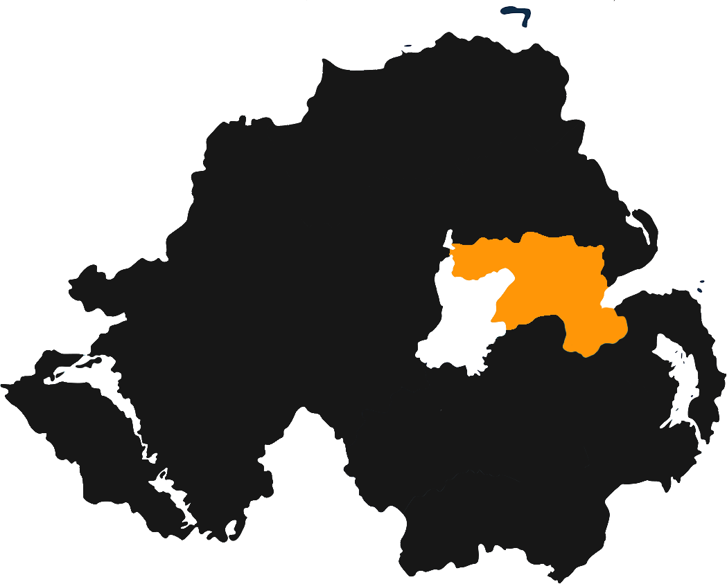 Map of northern Ireland highlighting the areas that Am Shan Removals cover